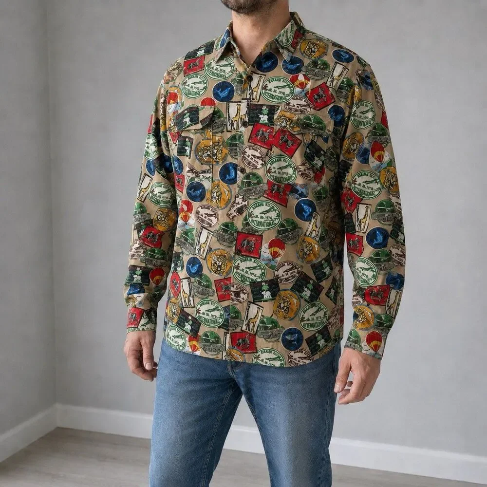 Banana Republic Patchwork Expedition Shirt Men XL Linen Cotton Safari Print